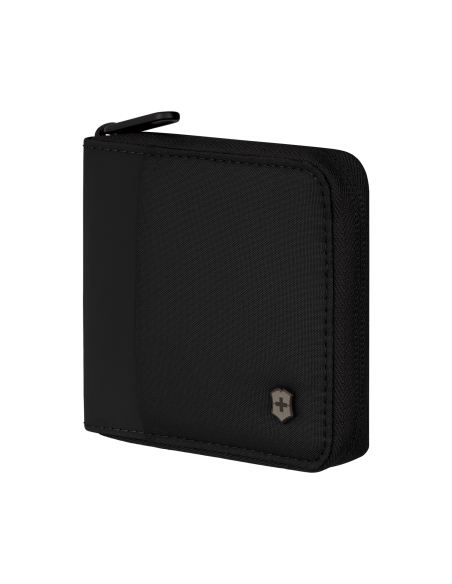Portefeuille zippé Victorinox Travel Essentials Noir, fermé de trois quarts, zip périphérique