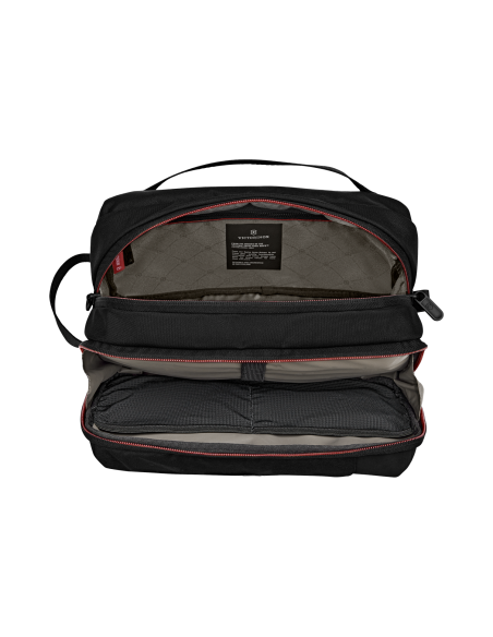Trousse de toilette Victorinox Travel Essentials Noir, trousse ouverte et compartiments intérieurs