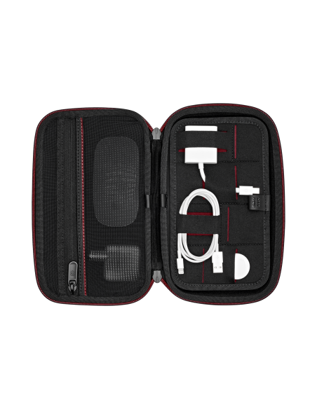 Pochette Tech Pouch Victorinox Travel Essentials Noir, intérieur avec câbles et chargeur