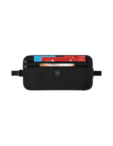 Pochette ceinture Victorinox Travel Essentials Noir, poches zippées ouvertes avec documents