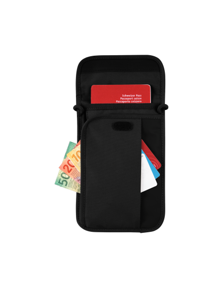 Pochette tour de cou Victorinox Travel Essentials Noir, rabat ouvert, exemples de papiers et cartes