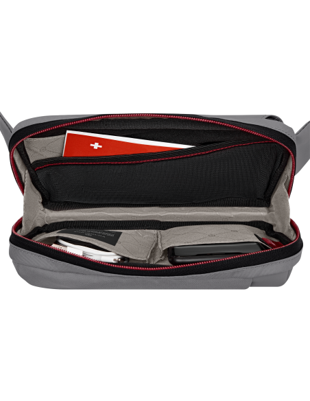 Sac banane Victorinox Travel Essentials Gris, intérieur avec documents et petits effets