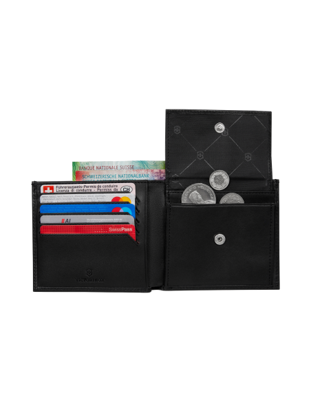 Portefeuille Deluxe Victorinox Altius Alox Noir, cartes et poche monnaie à pression ouverte