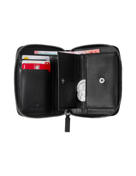 Portefeuille zippé Clutch Victorinox Altius Alox Noir, intérieur, poche monnaie ouverte et zip