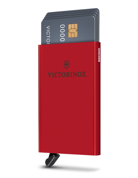 Porte-cartes aluminium Essential Victorinox Altius Secrid Rouge Victorinox, vue oblique avec cartes sorties