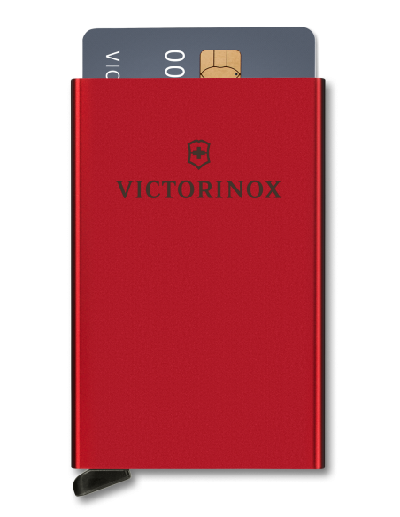 Porte-cartes aluminium Essential Victorinox Altius Secrid Rouge Victorinox, vue de face avec cartes sorties
