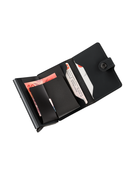 Porte-cartes cuir à pression Victorinox Altius Secrid Noir, intérieur ouvert, cartes et rabat billets