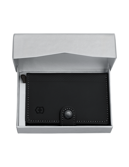 Porte-cartes cuir à pression Victorinox Altius Secrid Noir, présentation en coffret ouvert