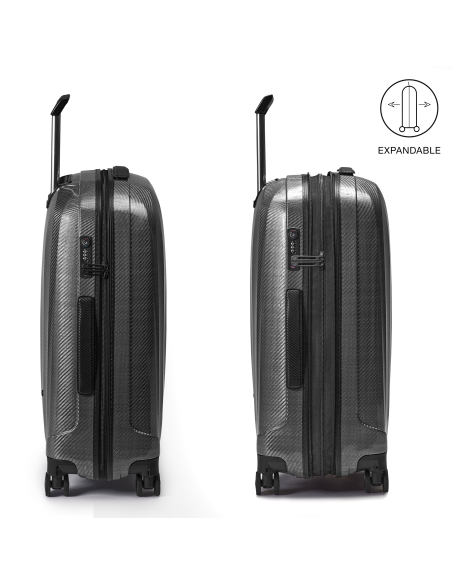 Roncato We Are Glam DLX 70 cm Noir/Graphite, profil avec extension fermée et ouverte