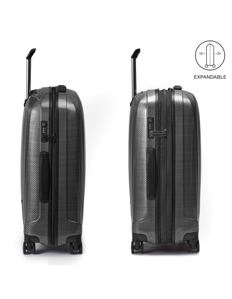Roncato We Are Glam DLX 78 cm Noir/Graphite, profil avec extension fermée et ouverte