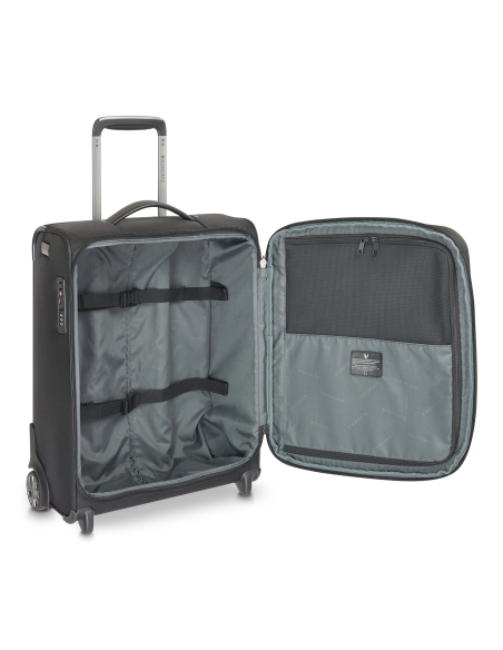 Roncato Cambridge Noir, intérieur ouvert avec sangles et poches zippées