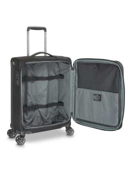 Roncato Cambridge Noir, intérieur ouvert avec sangles et poches zippées