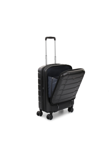Valise cabine 4 roues 55 cm Roncato Biz 4.0 Noir, poche ordinateur frontale ouverte