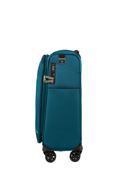 Samsonite Base Breeze 55 cm Petrol Blue, vue latérale et étiquette de personnalisation