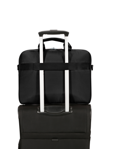 Serviette Samsonite Guardit Classy 2.0 Noir, passant fixé sur une poignée de valise