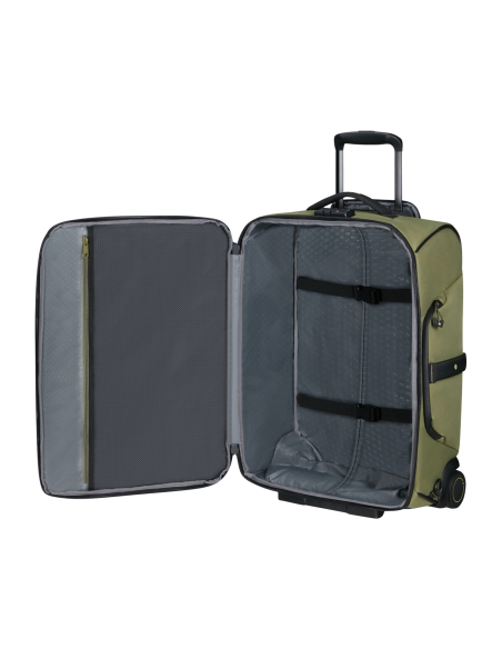 Sac à roues 55 cm Samsonite Prodiver Waxed Wasabi, compartiment principal ouvert et sangles