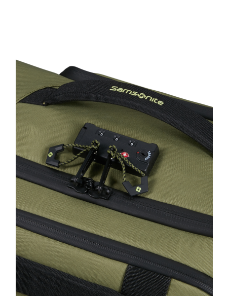Sac à roues 79 cm Samsonite Prodiver Waxed Wasabi, détail de la serrure et des curseurs