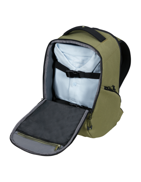Sac à dos XS 14 pouces Samsonite Prodiver Waxed Wasabi, compartiment ouvert avec vêtements maintenus