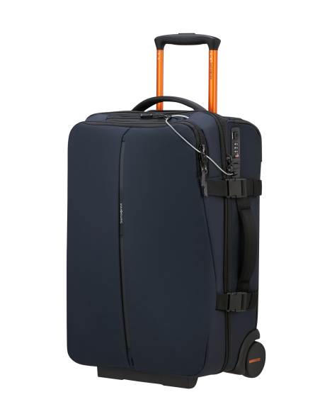 Sac de voyage cabine 2 roues 52 cm Samsonite Securipak 2.0 Bleu Foncé, vue de trois quarts avec poignée de traction