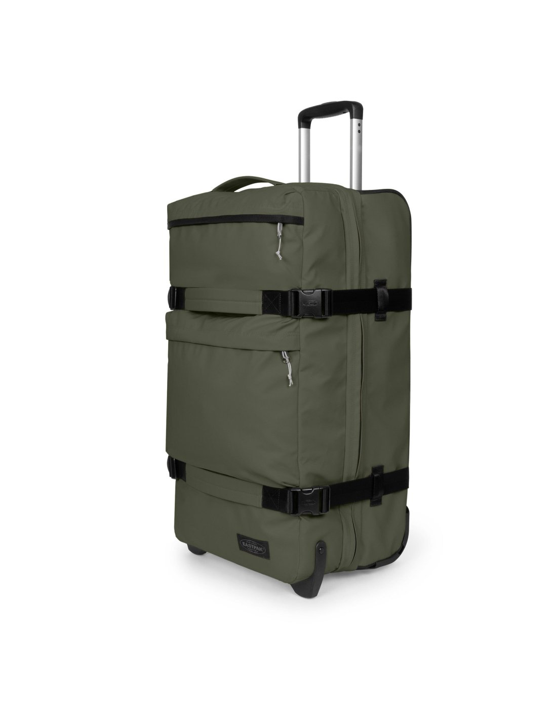 Eastpak Transit’r Plus L Tarp Forest, vue de trois quarts et sangles extérieures