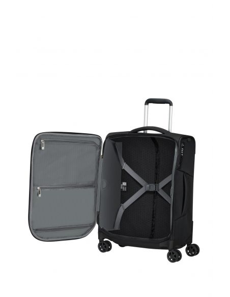 Valise cabine 55 x 40 cm Samsonite Respark Ozone Black, intérieur ouvert avec sangles croisées