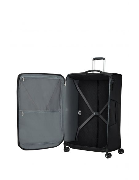 Valise soute 82 cm Samsonite Respark Ozone Black, intérieur ouvert avec sangles croisées