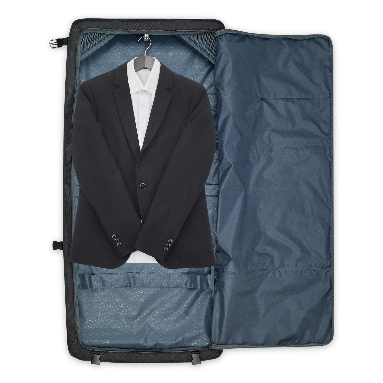 Intérieur du porte-habits Roncato Biz 4.0 Noir avec veste et poches de rangement