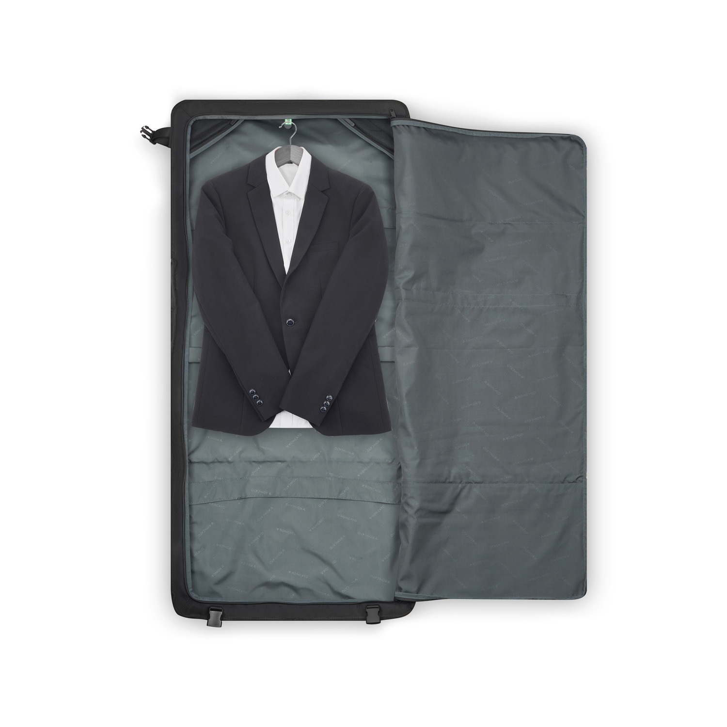 Porte-habits Roncato Cambridge Noir ouvert avec veste de pr&eacute;sentation