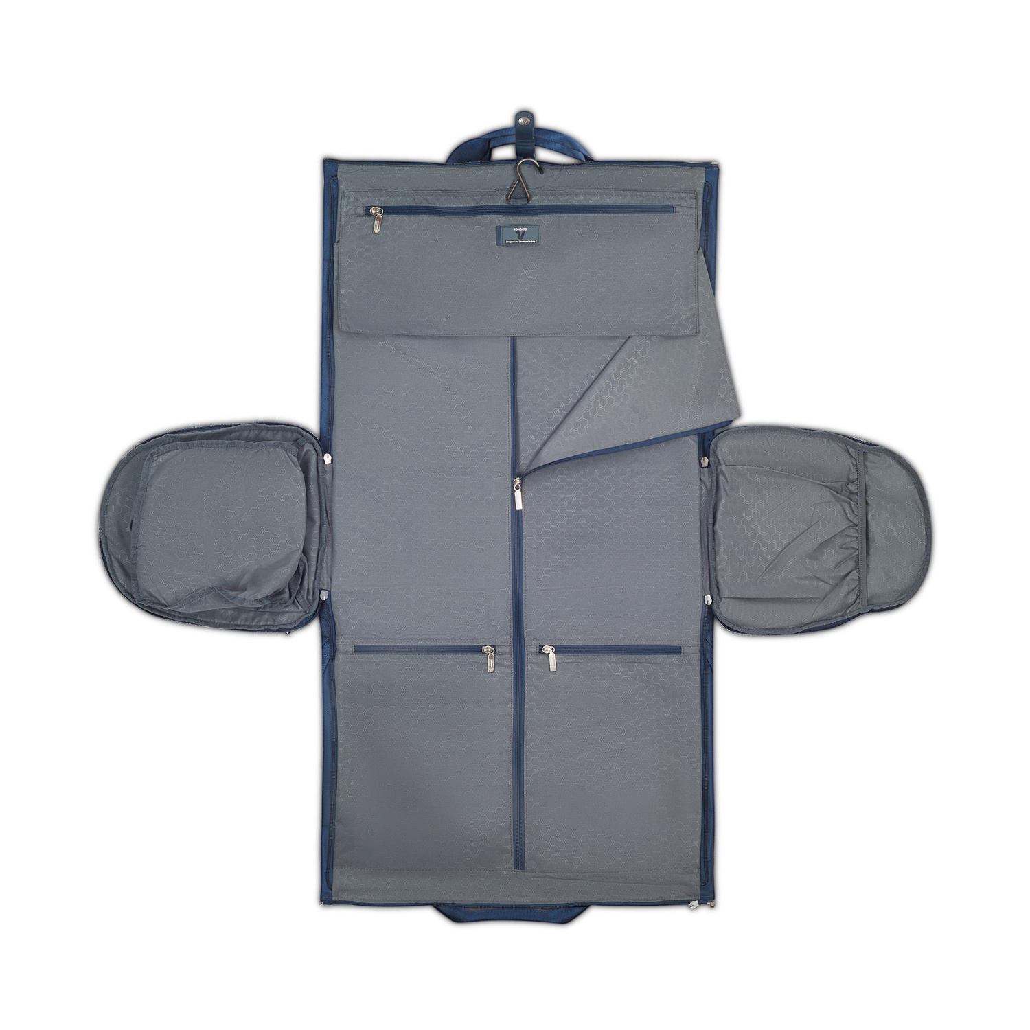 Sac porte-habits Roncato City 3.0 Bleu Nuit d&eacute;ploy&eacute; &agrave; plat avec poches de rangement