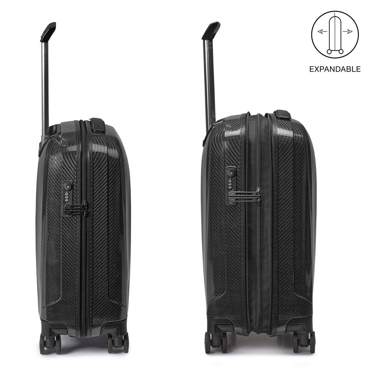 Roncato We Are Glam DLX 55 cm Noir/Graphite de profil, extension fermée et ouverte