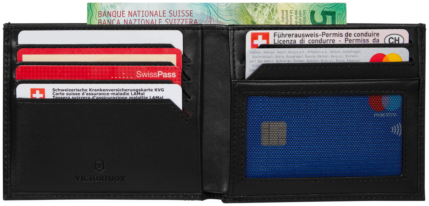 Intérieur du portefeuille deux volets Victorinox Altius Alox avec ses cartes et sa fenêtre en micromaille