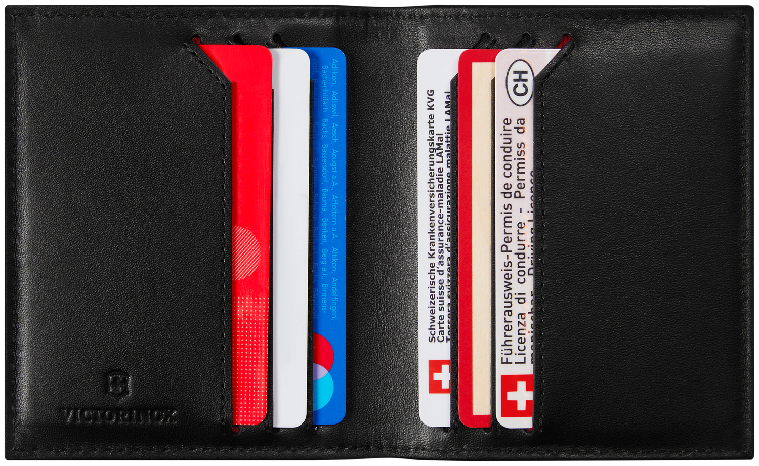 Porte-cartes deux volets Victorinox Altius Alox ouvert sur ses six emplacements