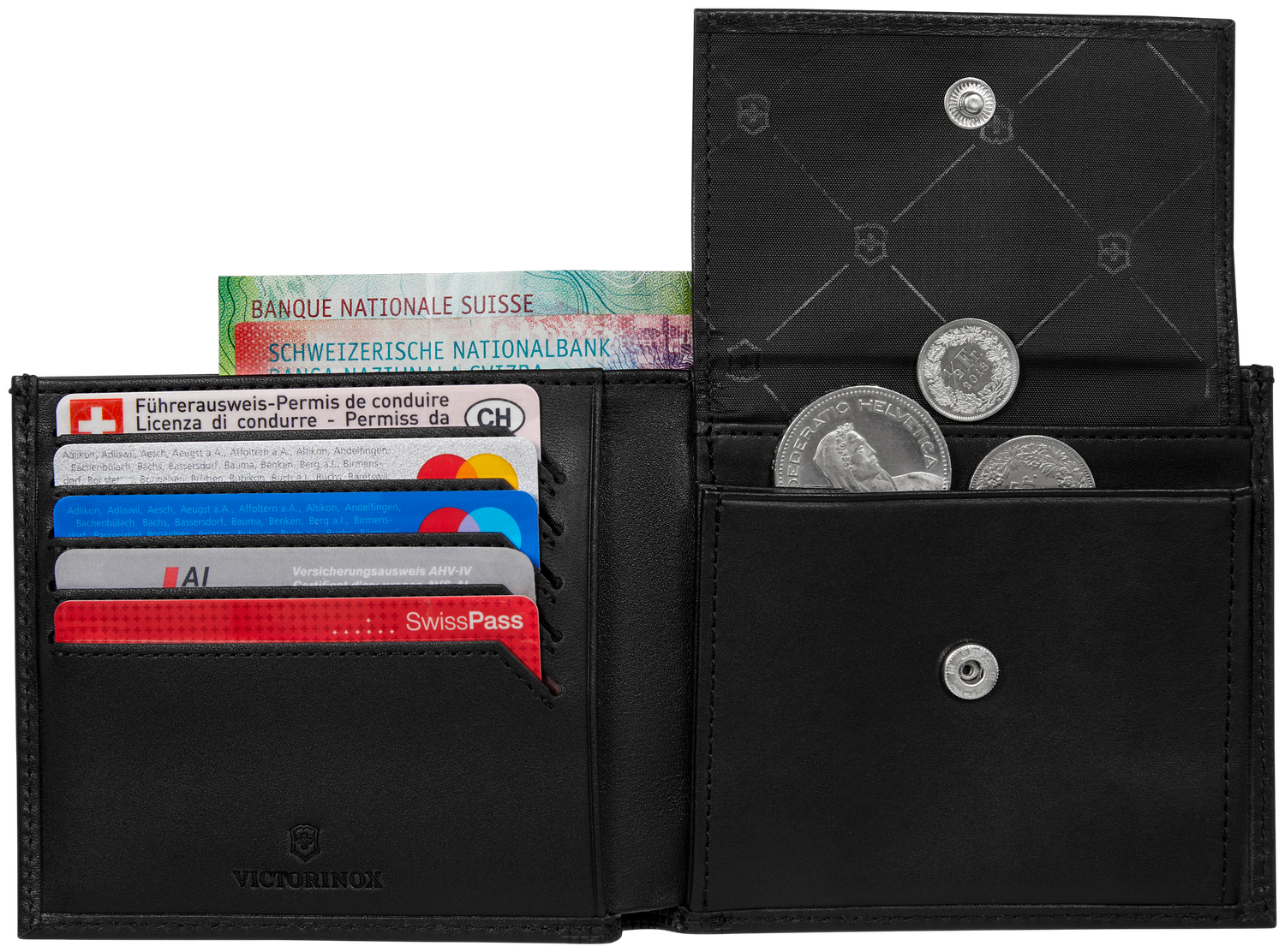 Portefeuille Deluxe Victorinox Altius Alox ouvert avec sa poche monnaie à bouton-pression