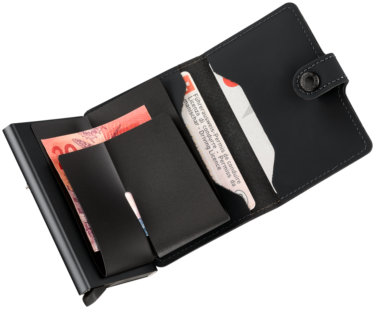 Intérieur du porte-cartes cuir à bouton-pression Altius Secrid, logements et billets