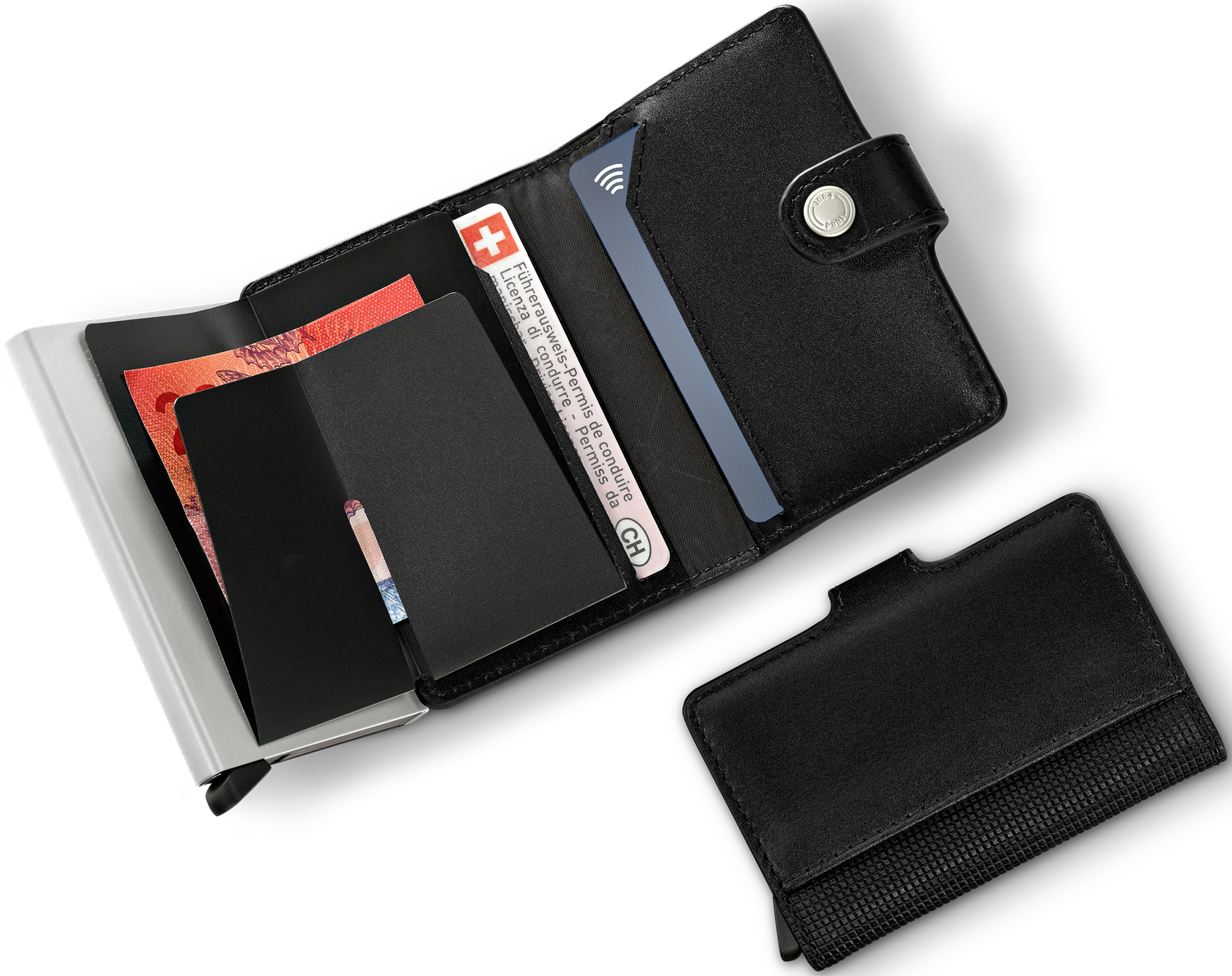 Porte-cartes cuir Leather Altius Secrid ouvert, cartes et rabat pour billets