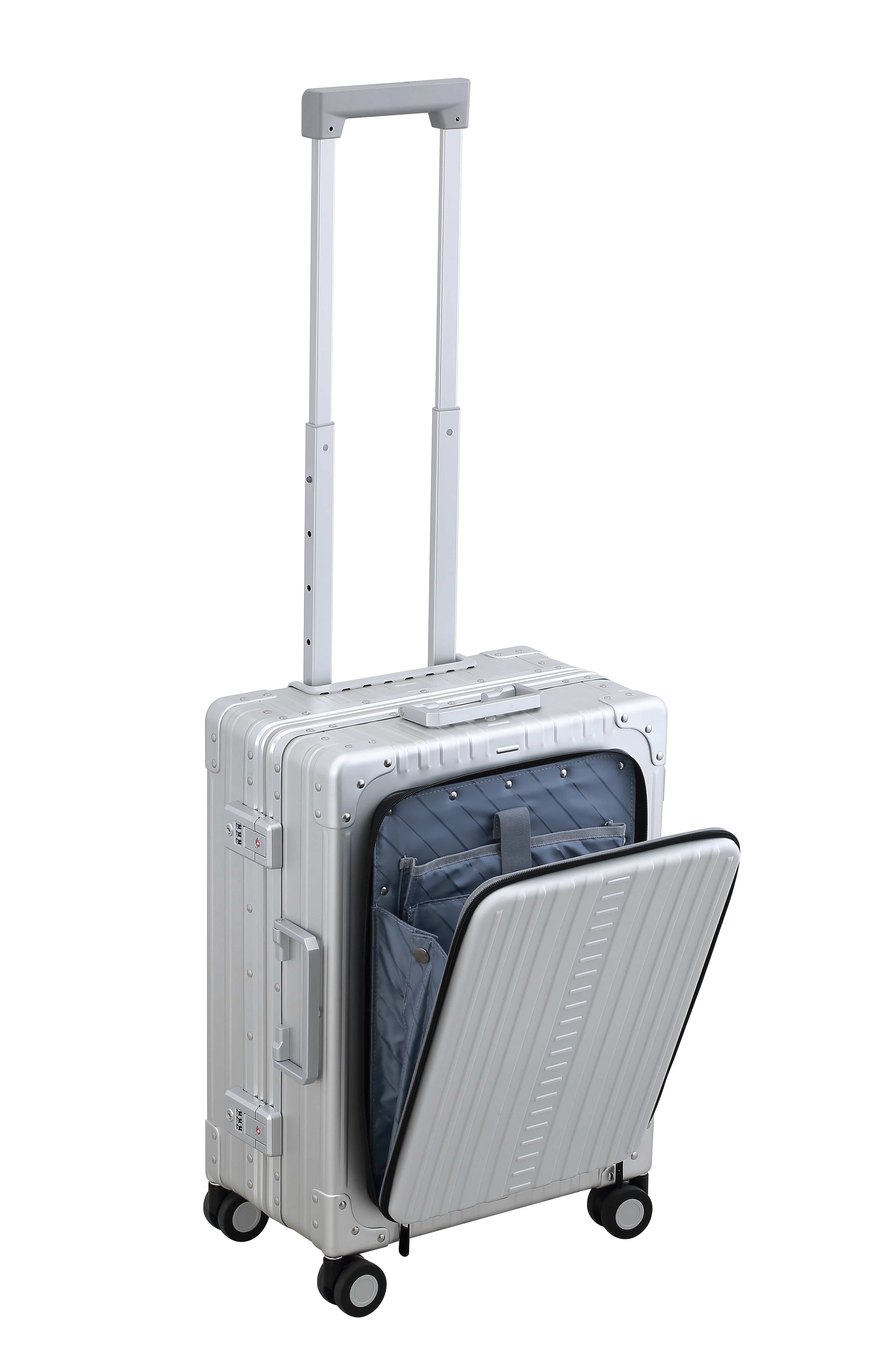 Poche avant ouverte de la cabine ALEON Front Flap Platinum pour accéder au rangement ordinateur