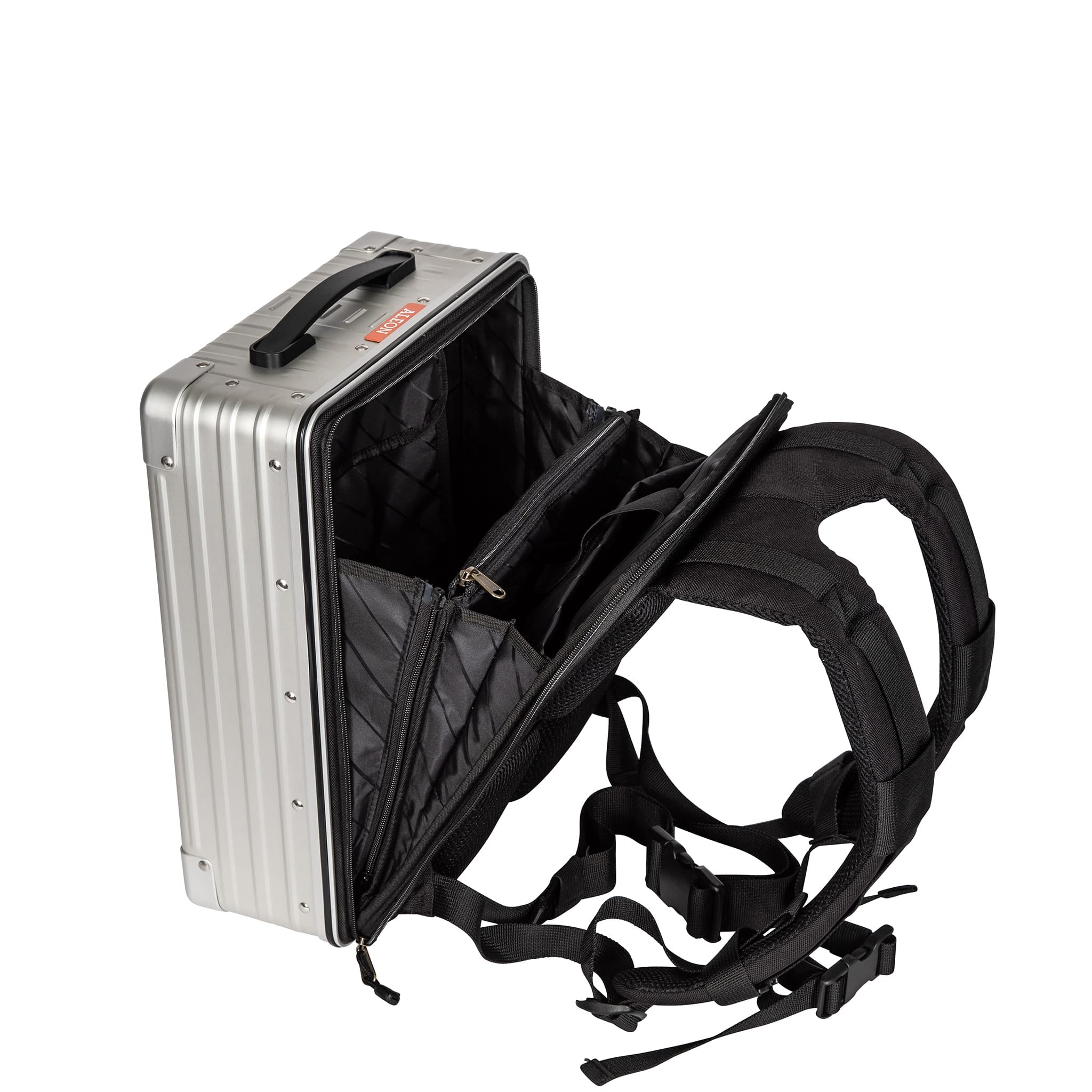 Ouverture partielle d&rsquo;un sac &agrave; dos hybride ALEON Platinum montrant les rangements c&ocirc;t&eacute; dos