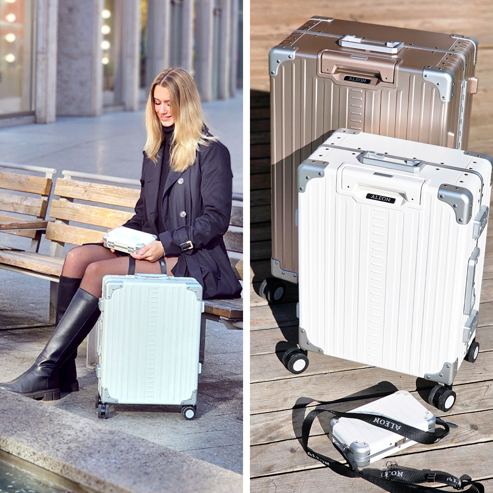 Sc&egrave;nes de la collection ALEON Fortis, avec des valises Snow White et Rose Gold sur une terrasse en bois