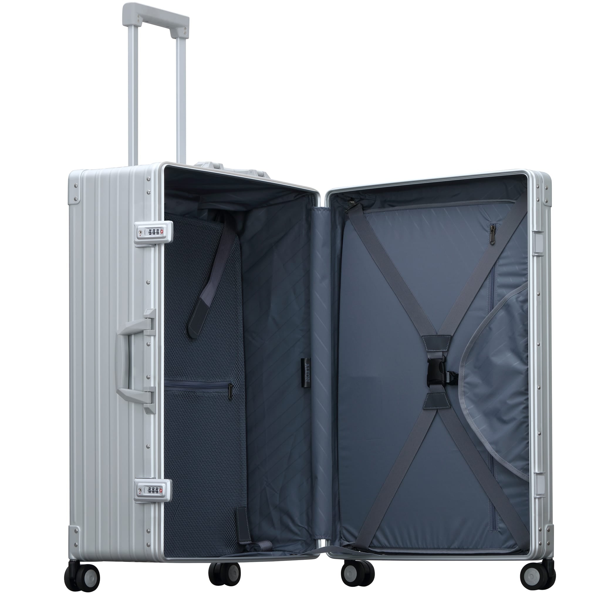 Valise ALEON Suiter 67 cm Platinum ouverte, avec un fond profond et le porte-habits dans le couvercle