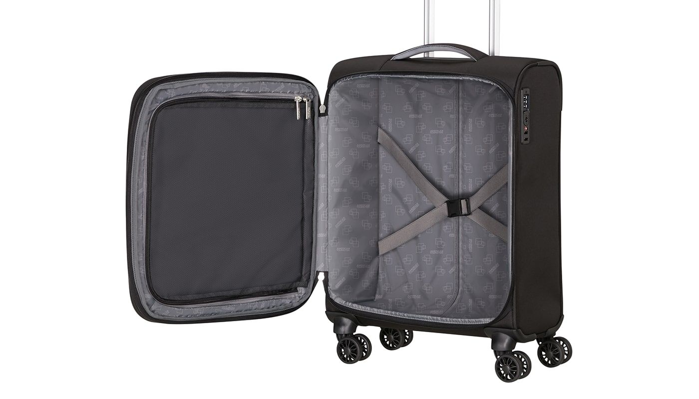 Int&eacute;rieur de la valise Cloudrider cabine extensible avec sangles crois&eacute;es et poche filet
