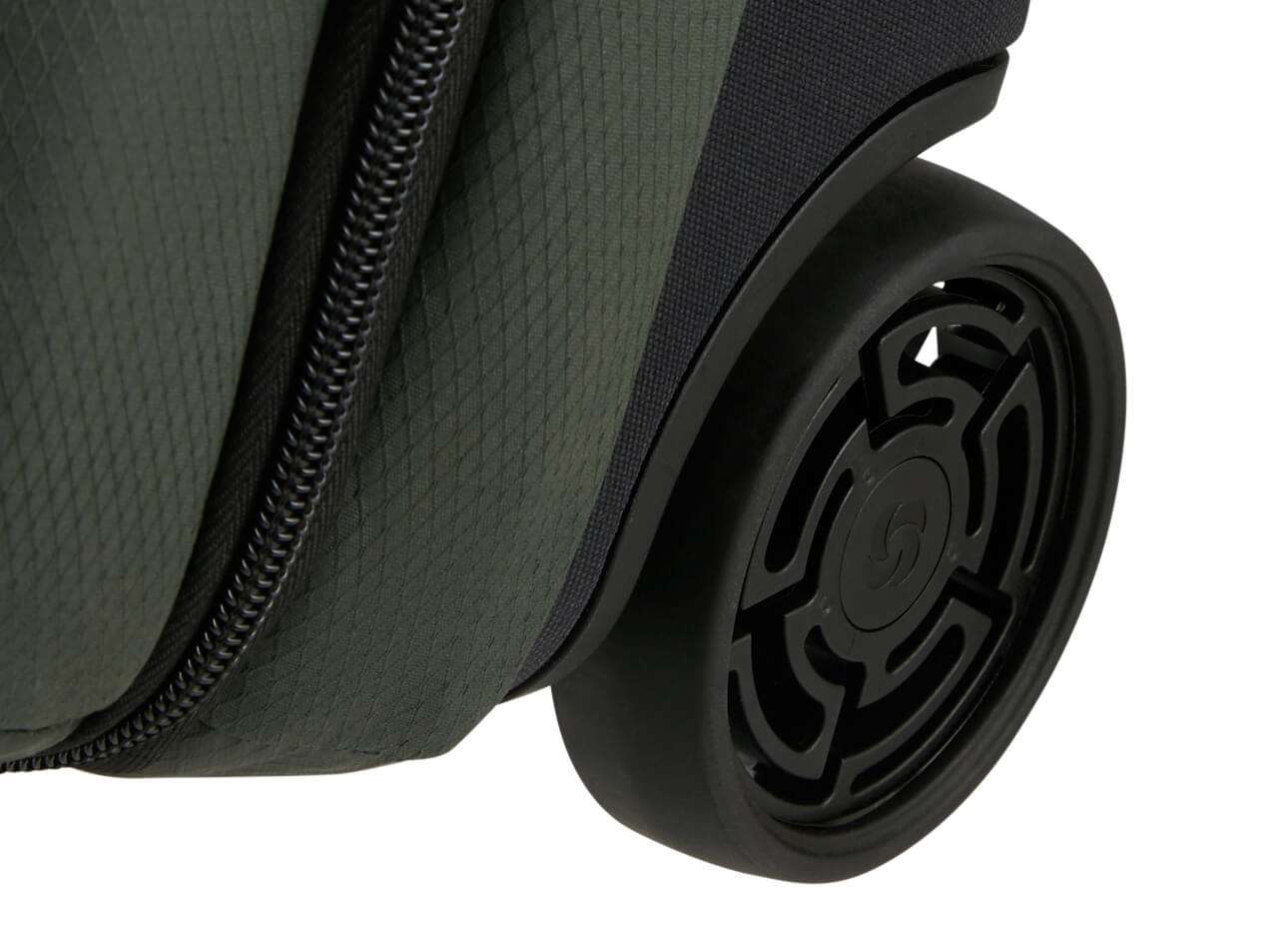 Gros plan d&rsquo;une roue de sac de voyage Samsonite Armox Moss