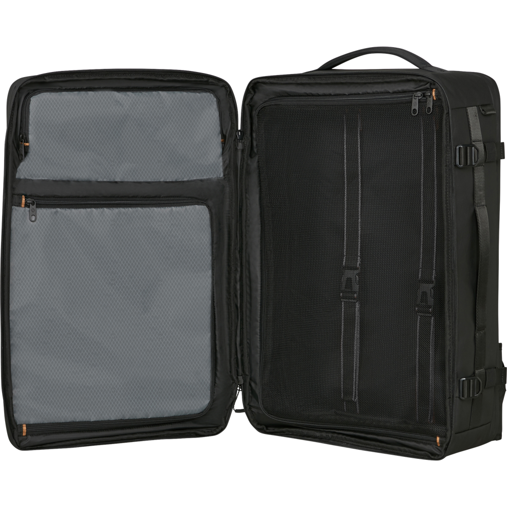 Compartiment v&ecirc;tements du Samsonite Cabin Pack 55 cm ouvert avec s&eacute;parateur et sangles