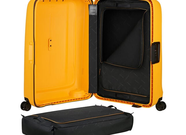 Int&eacute;rieur d&rsquo;une valise Samsonite Essens jaune et compartiment de rangement amovible