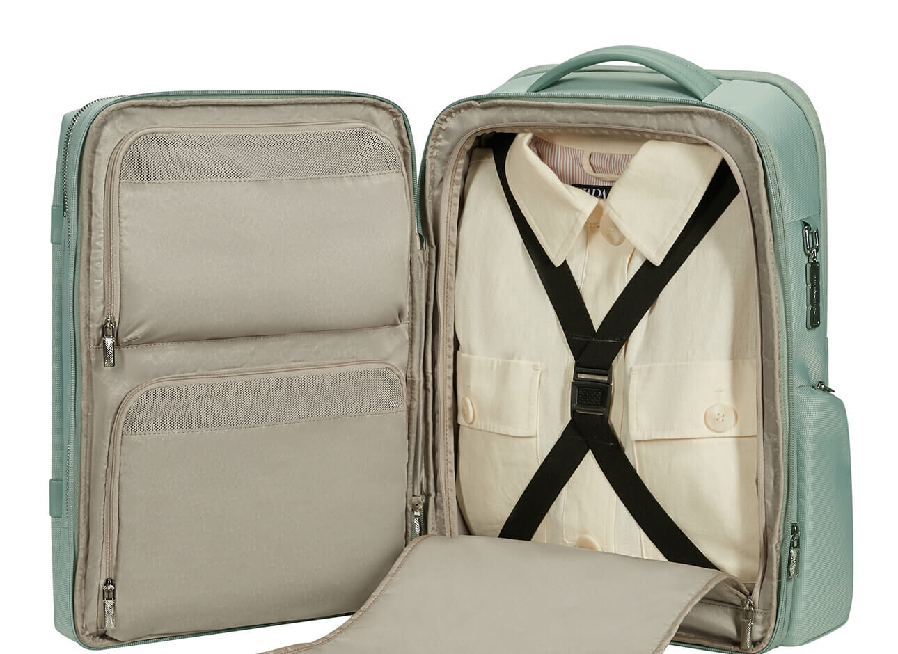 Intérieur du sac à dos Samsonite Image Biz M Thyme avec vêtements maintenus par les sangles