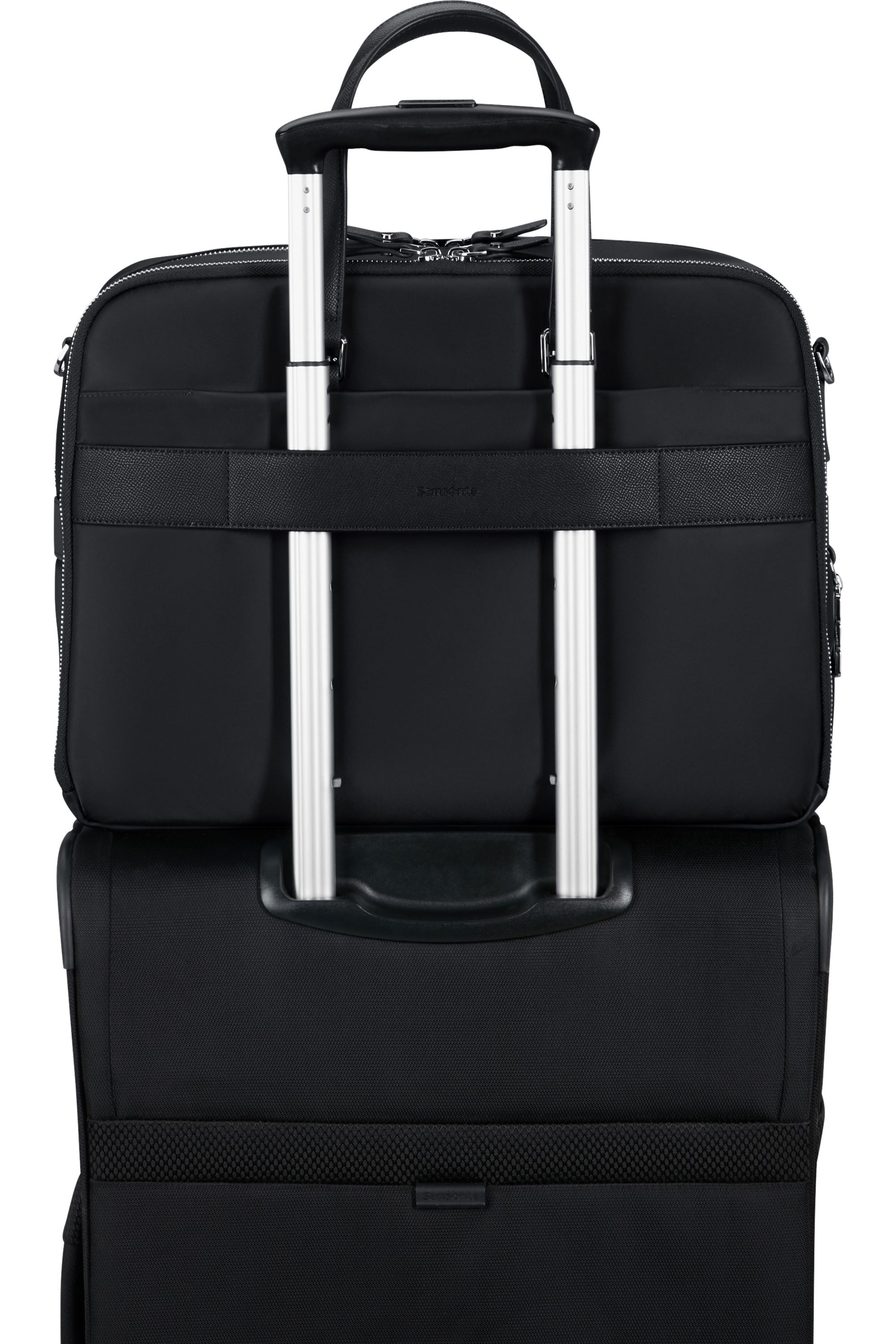 Passant arrière de la sacoche Samsonite Karissa Evo Noir sur une valise