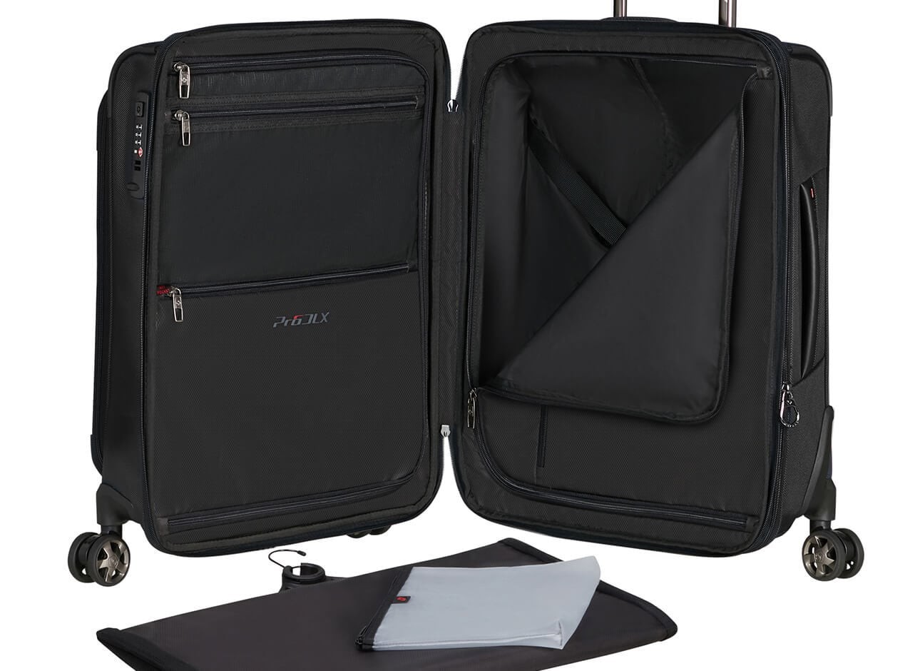 Valise cabine Samsonite Pro-DLX 6 ouverte avec séparateur, sangles et accessoires de rangement