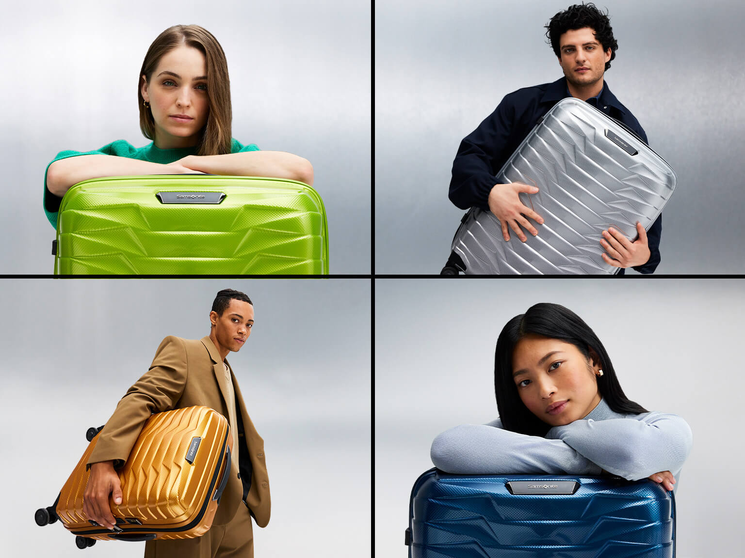 Campagne Samsonite Proxis avec quatre personnes et leurs valises rigides