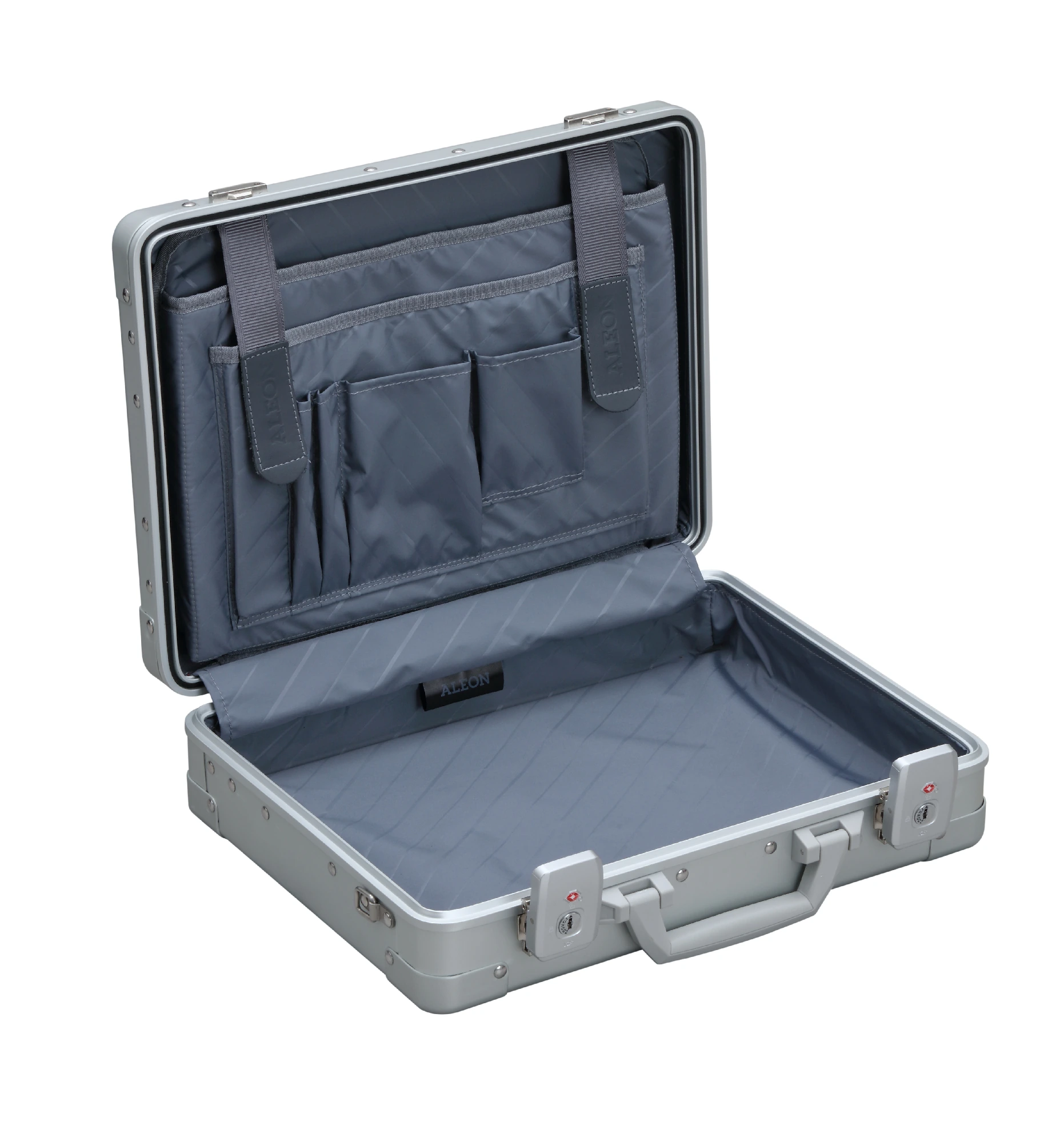 Attaché-case aluminium ALEON 30 cm ouvert avec organiseur pour documents et accessoires