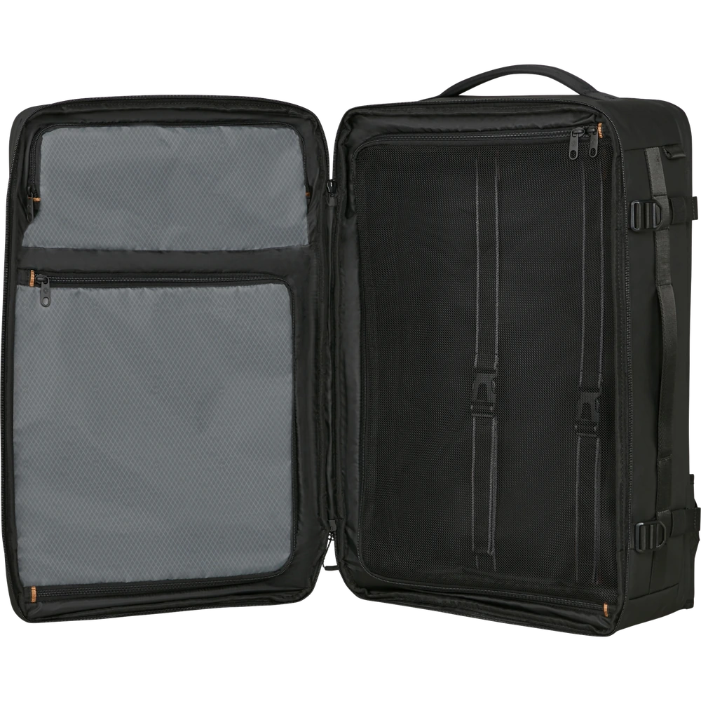 Compartiment v&ecirc;tements du Samsonite Cabin Pack 55 cm ouvert avec s&eacute;parateur et sangles