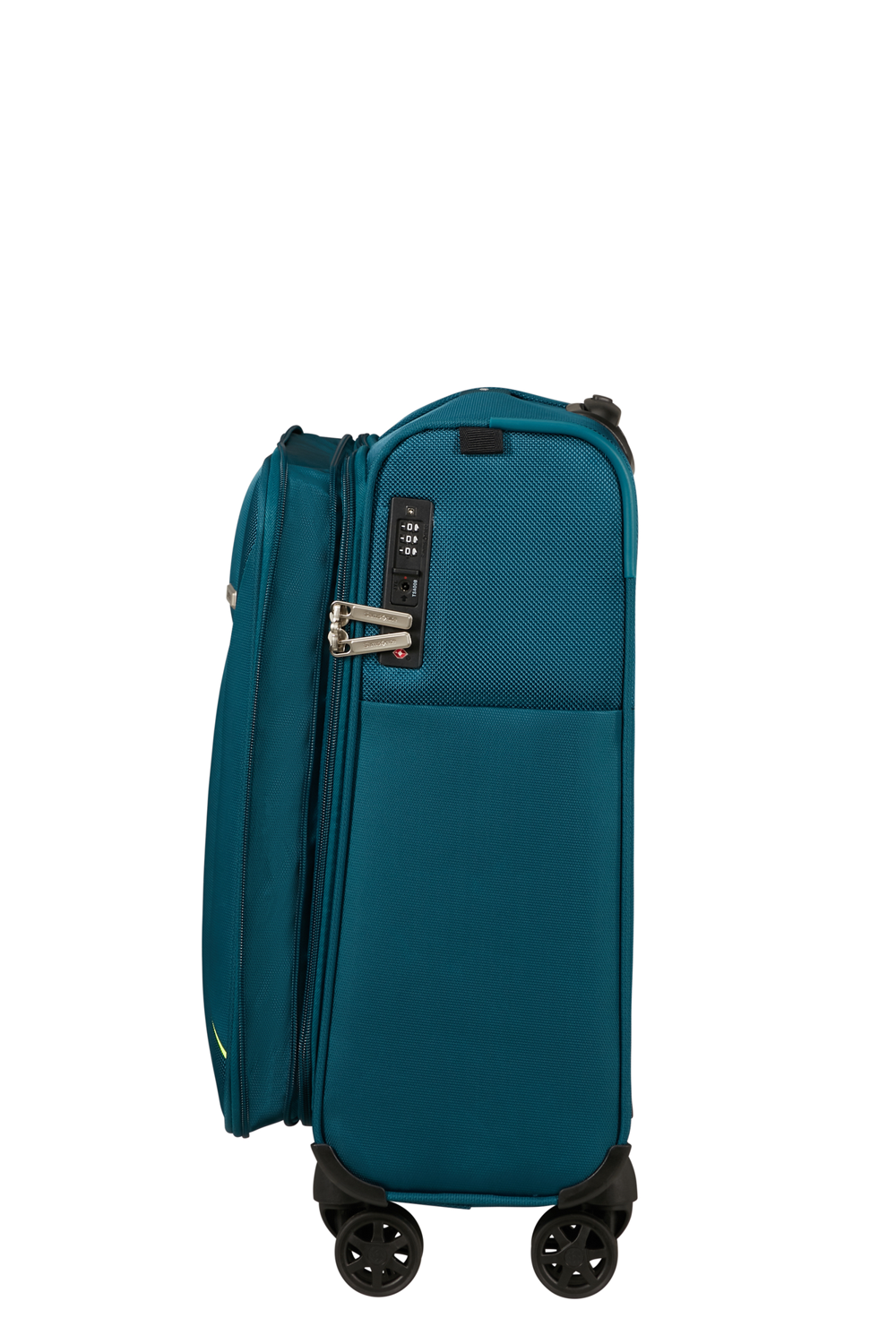 Samsonite Base Breeze 55 cm Petrol Blue de profil avec son extension ouverte
